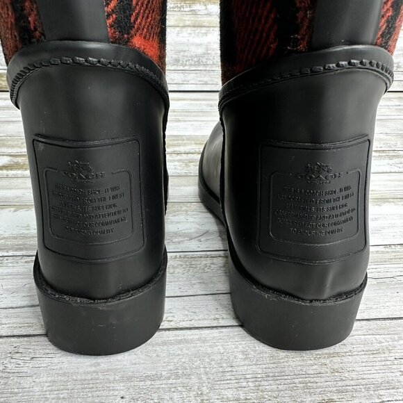 Coach Woman’s Tristee Rain Red/Black Buffalo Plaid Fleece-Lined Boots Size 6B - Picture 4 of 12